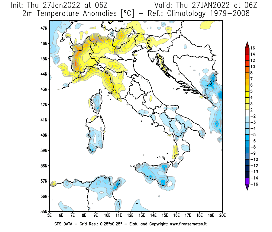 Mappa di analisi GFS - Anomalia Temperatura [°C] a 2 m in Italia
							del 27/01/2022 06 <!--googleoff: index-->UTC<!--googleon: index-->