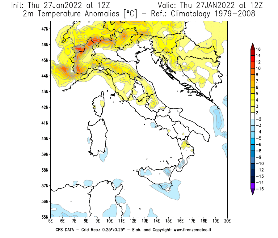 Mappa di analisi GFS - Anomalia Temperatura [°C] a 2 m in Italia
							del 27/01/2022 12 <!--googleoff: index-->UTC<!--googleon: index-->