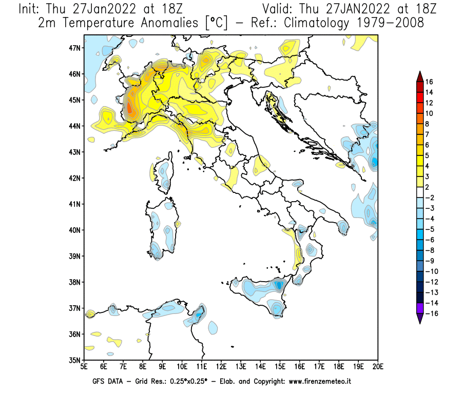 Mappa di analisi GFS - Anomalia Temperatura [°C] a 2 m in Italia
							del 27/01/2022 18 <!--googleoff: index-->UTC<!--googleon: index-->