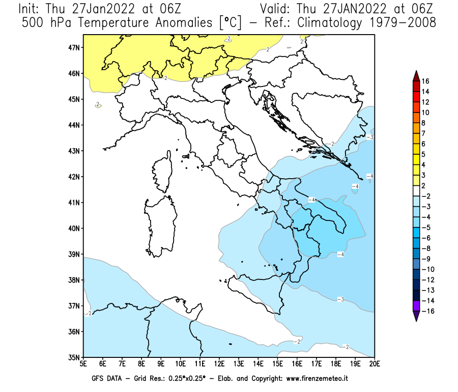 Mappa di analisi GFS - Anomalia Temperatura [°C] a 500 hPa in Italia
							del 27/01/2022 06 <!--googleoff: index-->UTC<!--googleon: index-->