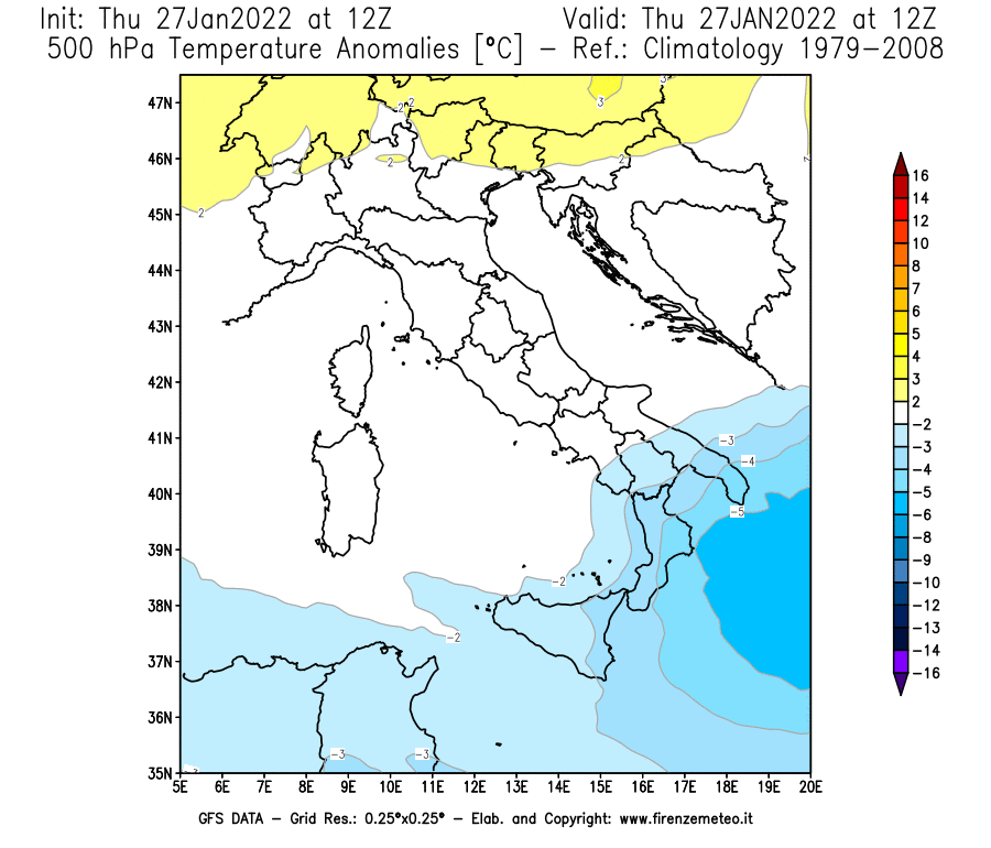 Mappa di analisi GFS - Anomalia Temperatura [°C] a 500 hPa in Italia
							del 27/01/2022 12 <!--googleoff: index-->UTC<!--googleon: index-->