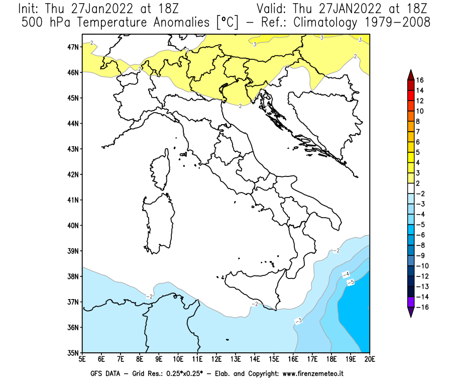 Mappa di analisi GFS - Anomalia Temperatura [°C] a 500 hPa in Italia
							del 27/01/2022 18 <!--googleoff: index-->UTC<!--googleon: index-->