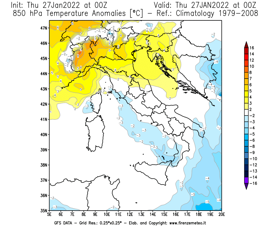 Mappa di analisi GFS - Anomalia Temperatura [°C] a 850 hPa in Italia
							del 27/01/2022 00 <!--googleoff: index-->UTC<!--googleon: index-->