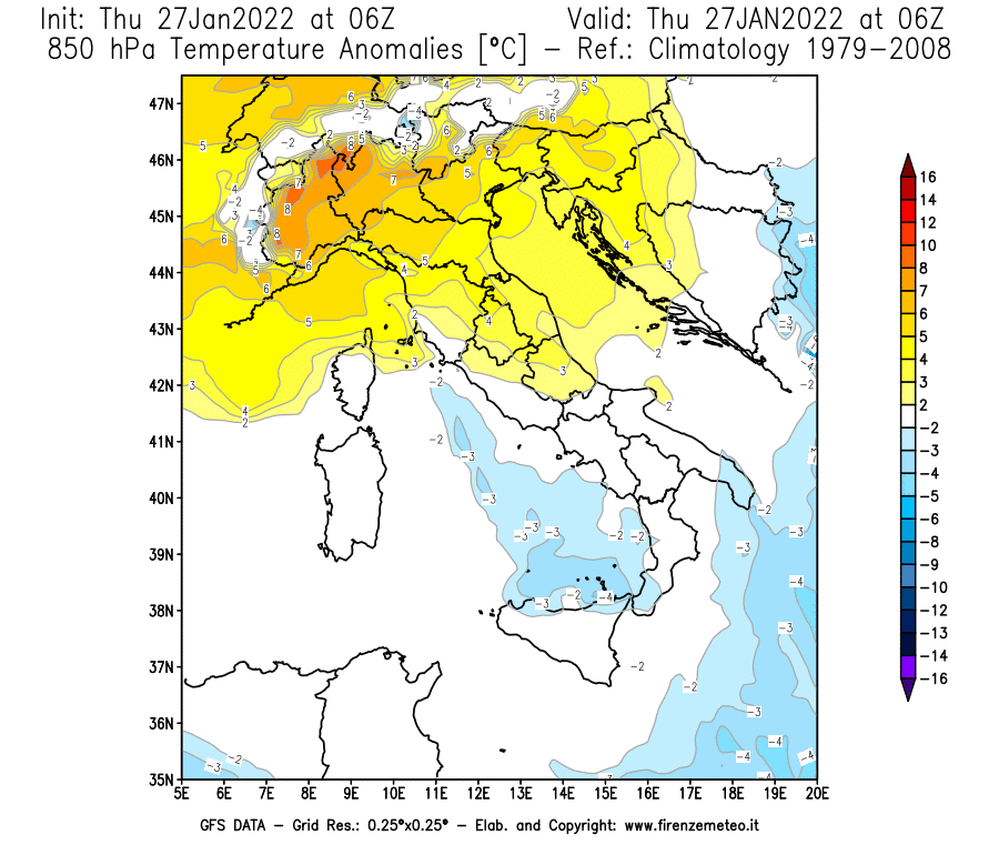 Mappa di analisi GFS - Anomalia Temperatura [°C] a 850 hPa in Italia
							del 27/01/2022 06 <!--googleoff: index-->UTC<!--googleon: index-->