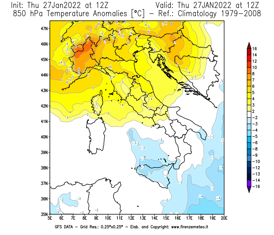 Mappa di analisi GFS - Anomalia Temperatura [°C] a 850 hPa in Italia
							del 27/01/2022 12 <!--googleoff: index-->UTC<!--googleon: index-->