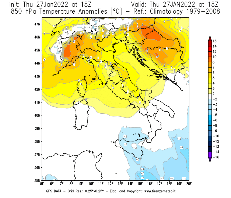 Mappa di analisi GFS - Anomalia Temperatura [°C] a 850 hPa in Italia
							del 27/01/2022 18 <!--googleoff: index-->UTC<!--googleon: index-->