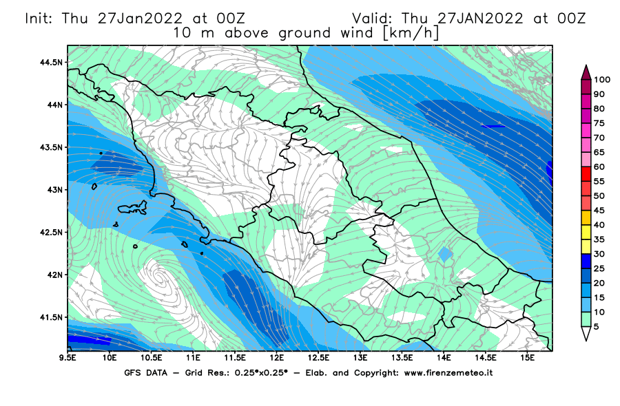 Mappa di analisi GFS - Velocità del vento a 10 metri dal suolo [km/h] in Centro-Italia
							del 27/01/2022 00 <!--googleoff: index-->UTC<!--googleon: index-->