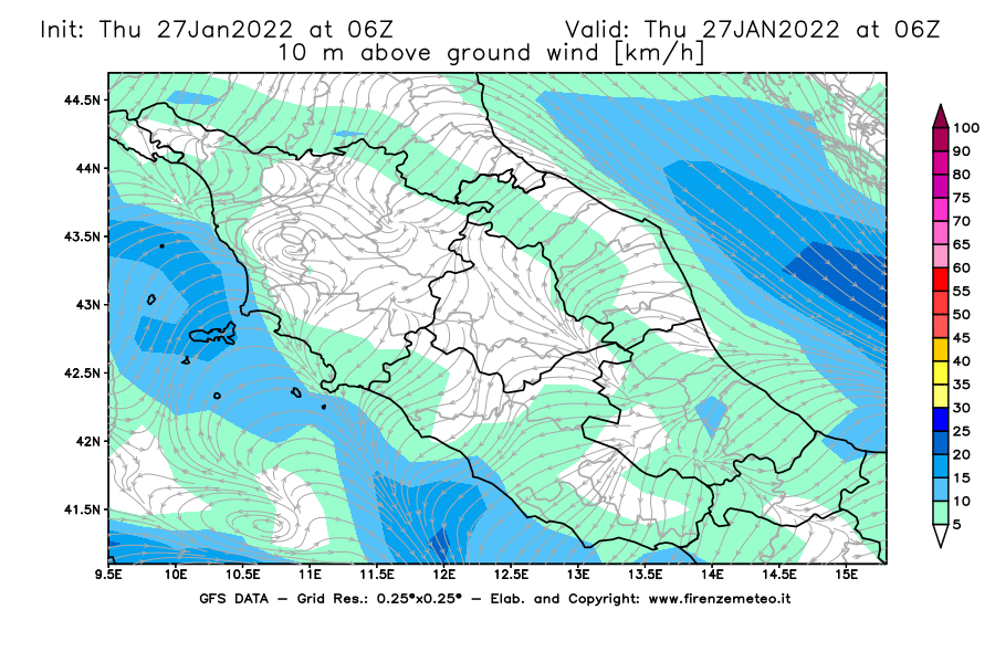 Mappa di analisi GFS - Velocità del vento a 10 metri dal suolo [km/h] in Centro-Italia
							del 27/01/2022 06 <!--googleoff: index-->UTC<!--googleon: index-->