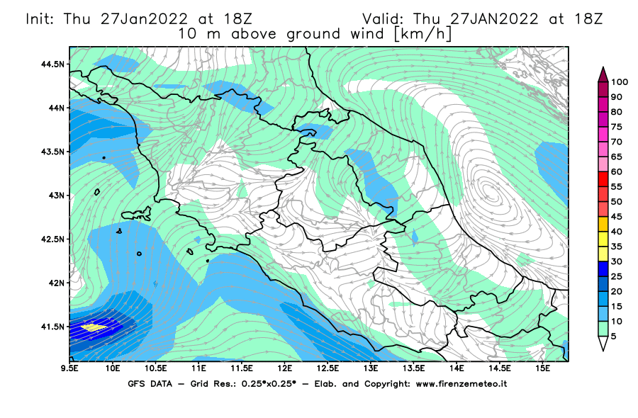 Mappa di analisi GFS - Velocità del vento a 10 metri dal suolo [km/h] in Centro-Italia
							del 27/01/2022 18 <!--googleoff: index-->UTC<!--googleon: index-->