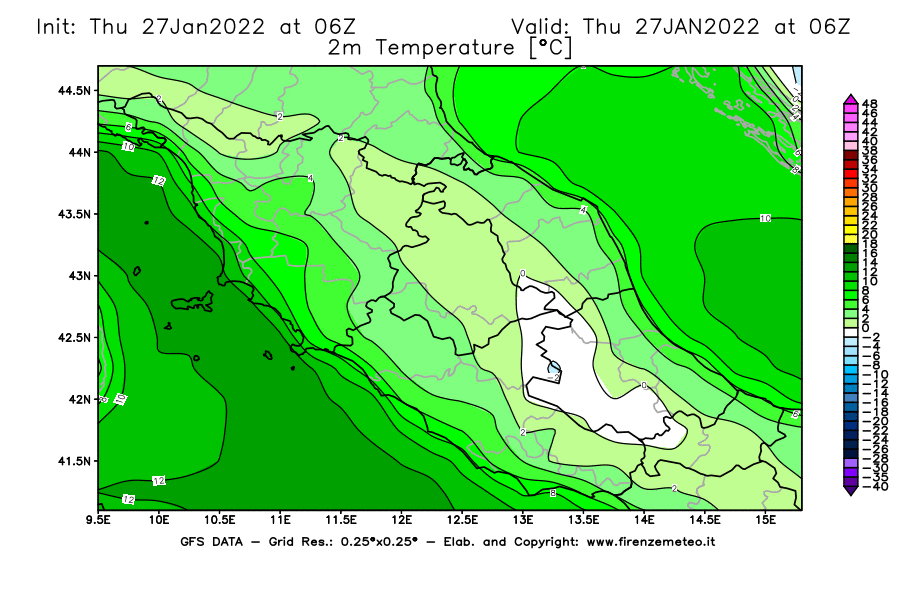 Mappa di analisi GFS - Temperatura a 2 metri dal suolo [°C] in Centro-Italia
							del 27/01/2022 06 <!--googleoff: index-->UTC<!--googleon: index-->