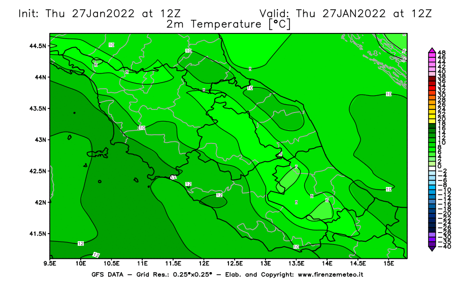 Mappa di analisi GFS - Temperatura a 2 metri dal suolo [°C] in Centro-Italia
							del 27/01/2022 12 <!--googleoff: index-->UTC<!--googleon: index-->