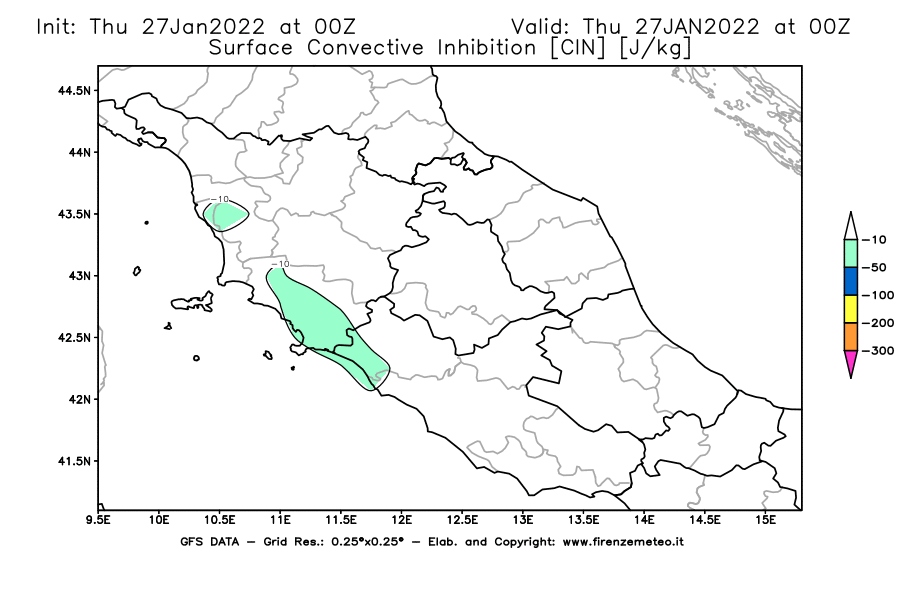 Mappa di analisi GFS - CIN [J/kg] in Centro-Italia
							del 27/01/2022 00 <!--googleoff: index-->UTC<!--googleon: index-->