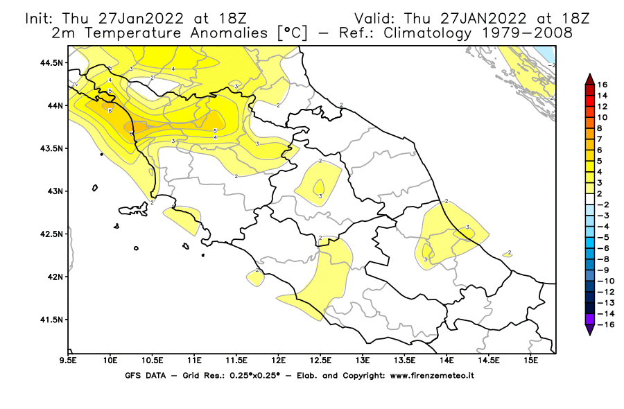 Mappa di analisi GFS - Anomalia Temperatura [°C] a 2 m in Centro-Italia
							del 27/01/2022 18 <!--googleoff: index-->UTC<!--googleon: index-->