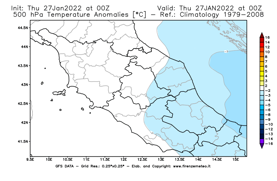 Mappa di analisi GFS - Anomalia Temperatura [°C] a 500 hPa in Centro-Italia
							del 27/01/2022 00 <!--googleoff: index-->UTC<!--googleon: index-->