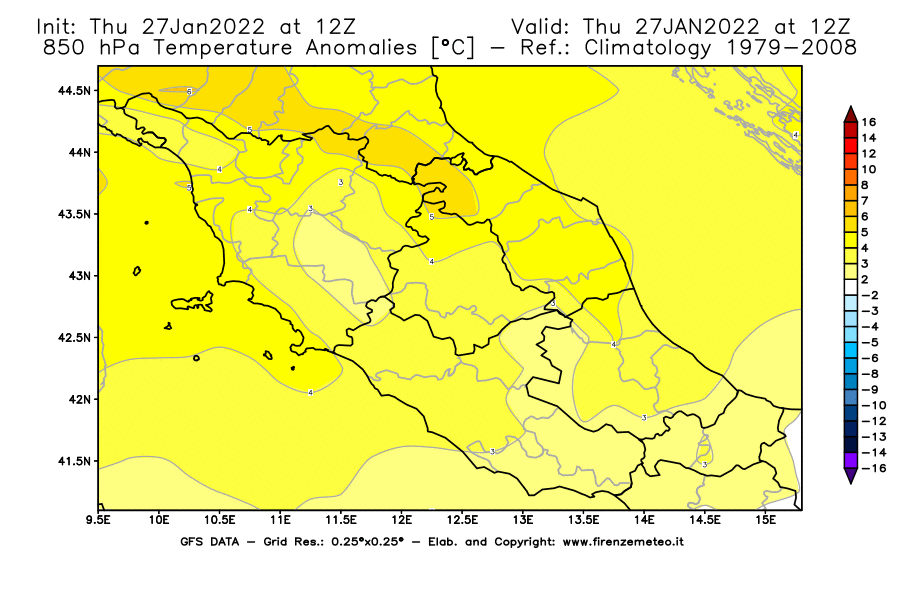 Mappa di analisi GFS - Anomalia Temperatura [°C] a 850 hPa in Centro-Italia
							del 27/01/2022 12 <!--googleoff: index-->UTC<!--googleon: index-->
