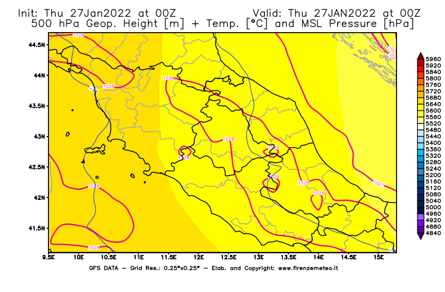 Mappa di analisi GFS - Geopotenziale [m] + Temp. [°C] a 500 hPa + Press. a livello del mare [hPa] in Centro-Italia
							del 27/01/2022 00 <!--googleoff: index-->UTC<!--googleon: index-->