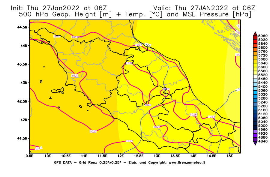 Mappa di analisi GFS - Geopotenziale [m] + Temp. [°C] a 500 hPa + Press. a livello del mare [hPa] in Centro-Italia
							del 27/01/2022 06 <!--googleoff: index-->UTC<!--googleon: index-->