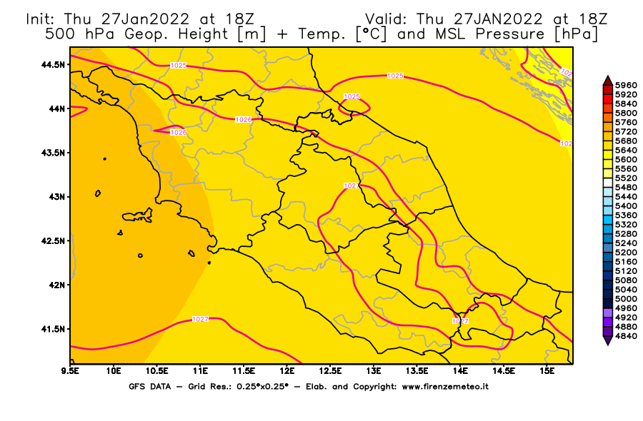 Mappa di analisi GFS - Geopotenziale [m] + Temp. [°C] a 500 hPa + Press. a livello del mare [hPa] in Centro-Italia
							del 27/01/2022 18 <!--googleoff: index-->UTC<!--googleon: index-->