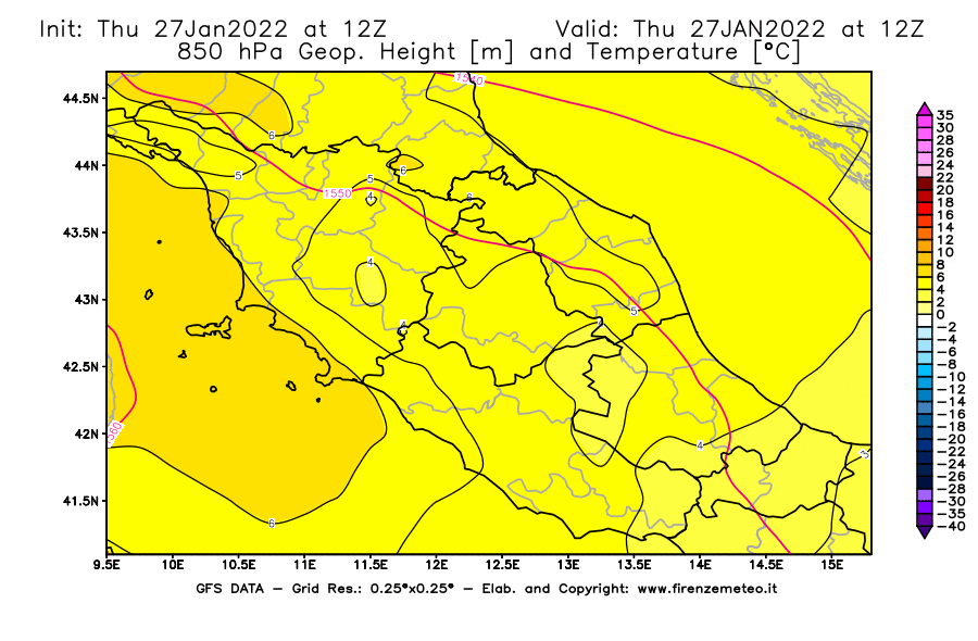 Mappa di analisi GFS - Geopotenziale [m] e Temperatura [°C] a 850 hPa in Centro-Italia
							del 27/01/2022 12 <!--googleoff: index-->UTC<!--googleon: index-->