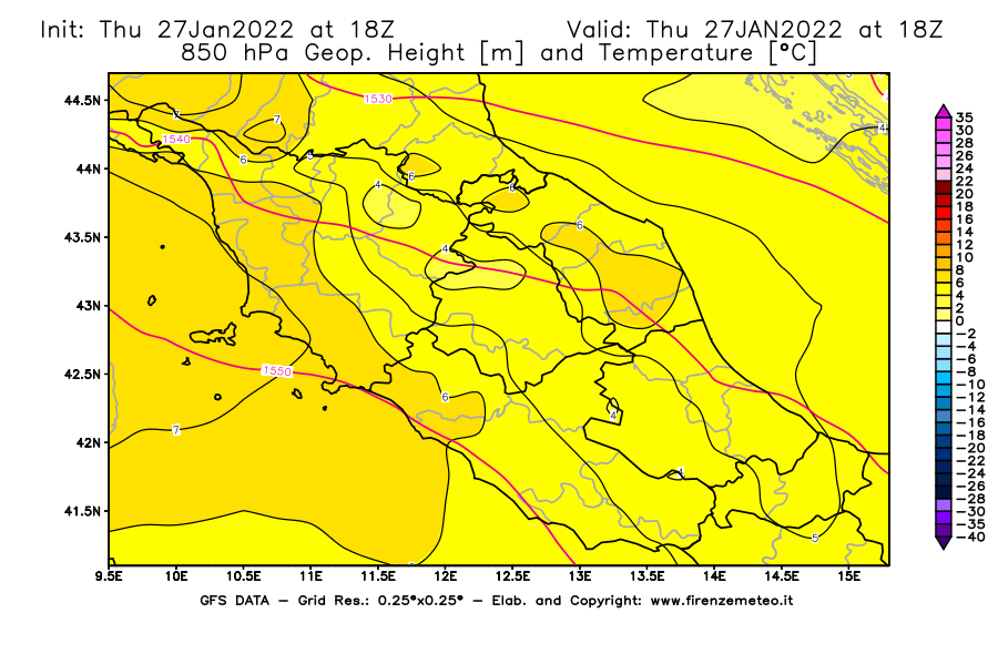Mappa di analisi GFS - Geopotenziale [m] e Temperatura [°C] a 850 hPa in Centro-Italia
							del 27/01/2022 18 <!--googleoff: index-->UTC<!--googleon: index-->