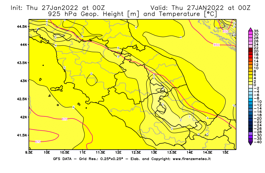 Mappa di analisi GFS - Geopotenziale [m] e Temperatura [°C] a 925 hPa in Centro-Italia
							del 27/01/2022 00 <!--googleoff: index-->UTC<!--googleon: index-->