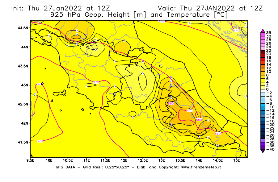 Mappa di analisi GFS - Geopotenziale [m] e Temperatura [°C] a 925 hPa in Centro-Italia
							del 27/01/2022 12 <!--googleoff: index-->UTC<!--googleon: index-->