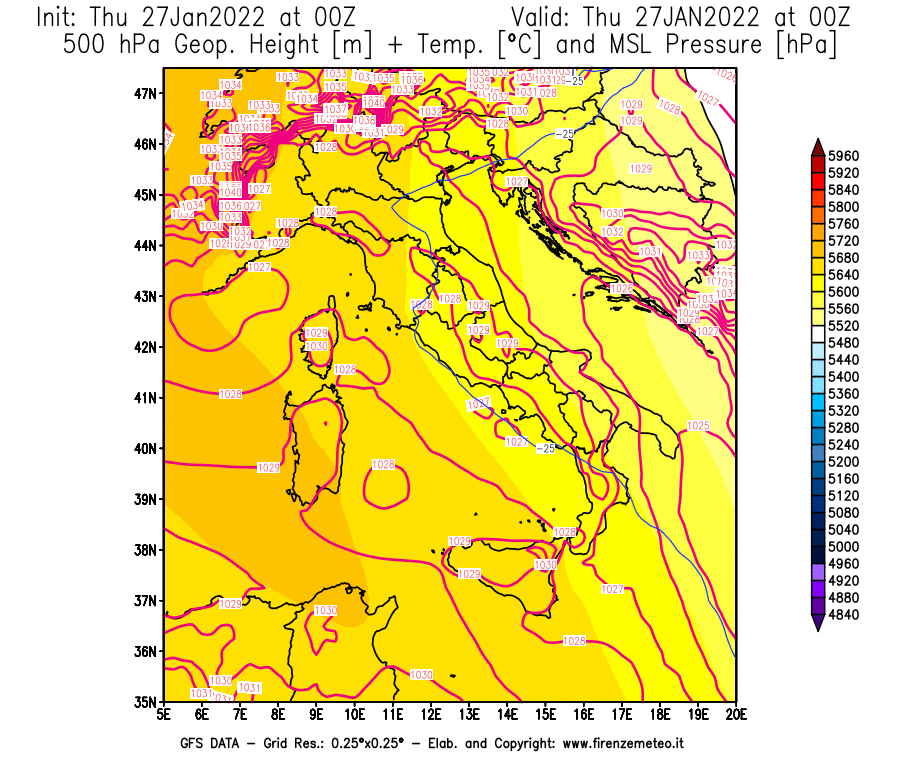 Mappa di analisi GFS - Geopotenziale [m] + Temp. [°C] a 500 hPa + Press. a livello del mare [hPa] in Italia
							del 27/01/2022 00 <!--googleoff: index-->UTC<!--googleon: index-->