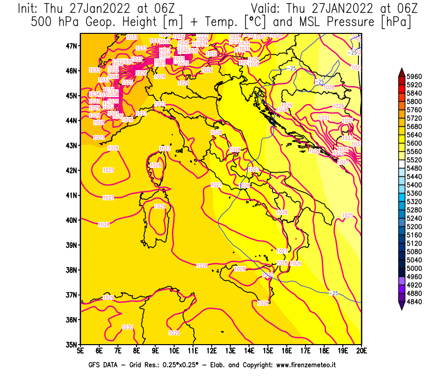 Mappa di analisi GFS - Geopotenziale [m] + Temp. [°C] a 500 hPa + Press. a livello del mare [hPa] in Italia
							del 27/01/2022 06 <!--googleoff: index-->UTC<!--googleon: index-->