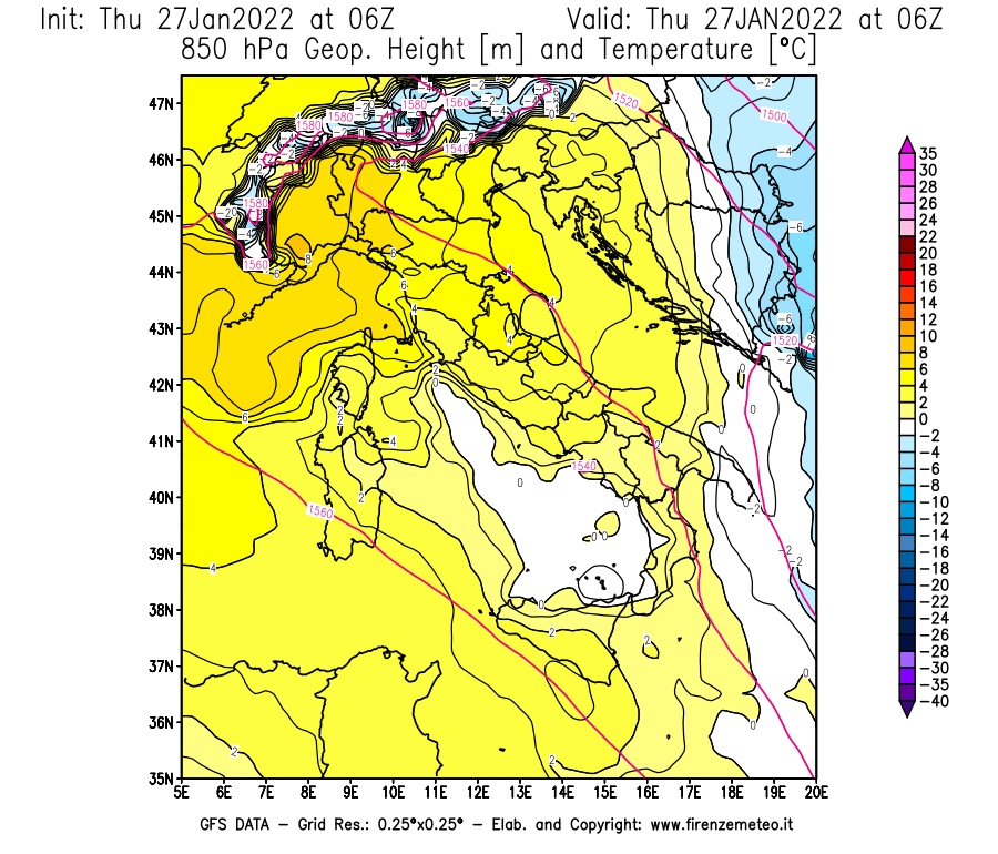 Mappa di analisi GFS - Geopotenziale [m] e Temperatura [°C] a 850 hPa in Italia
							del 27/01/2022 06 <!--googleoff: index-->UTC<!--googleon: index-->