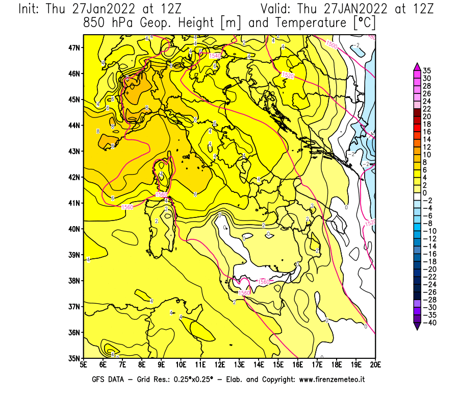 Mappa di analisi GFS - Geopotenziale [m] e Temperatura [°C] a 850 hPa in Italia
							del 27/01/2022 12 <!--googleoff: index-->UTC<!--googleon: index-->