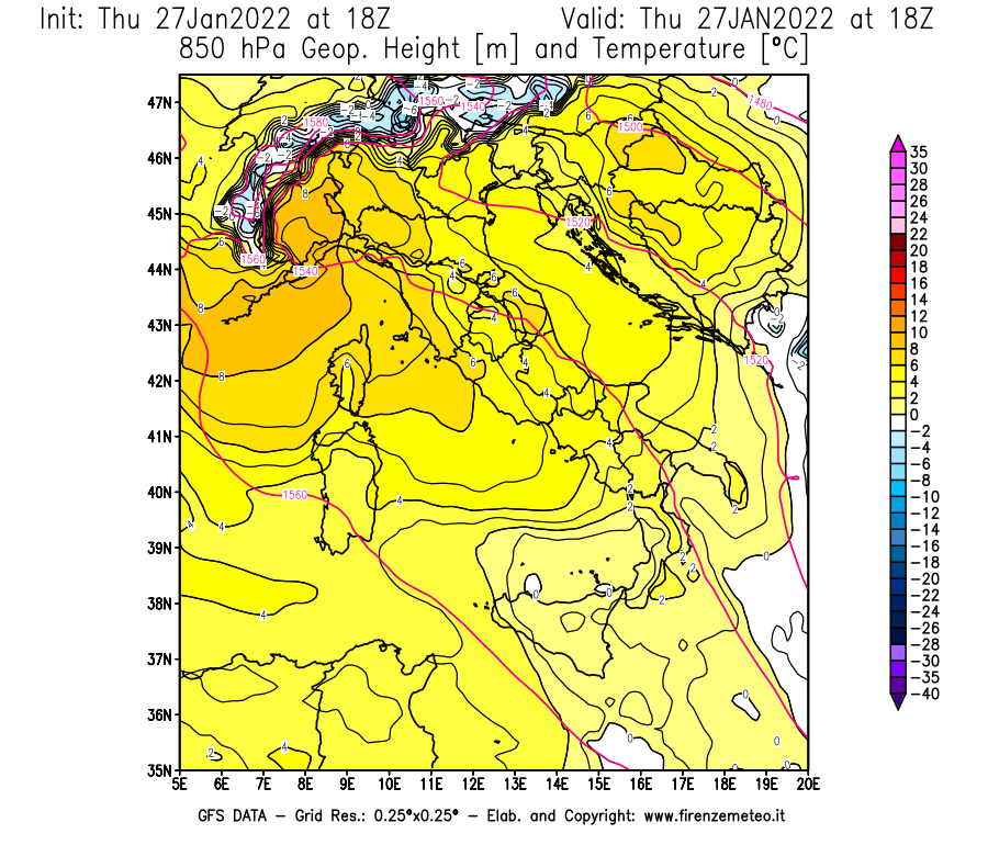Mappa di analisi GFS - Geopotenziale [m] e Temperatura [°C] a 850 hPa in Italia
							del 27/01/2022 18 <!--googleoff: index-->UTC<!--googleon: index-->