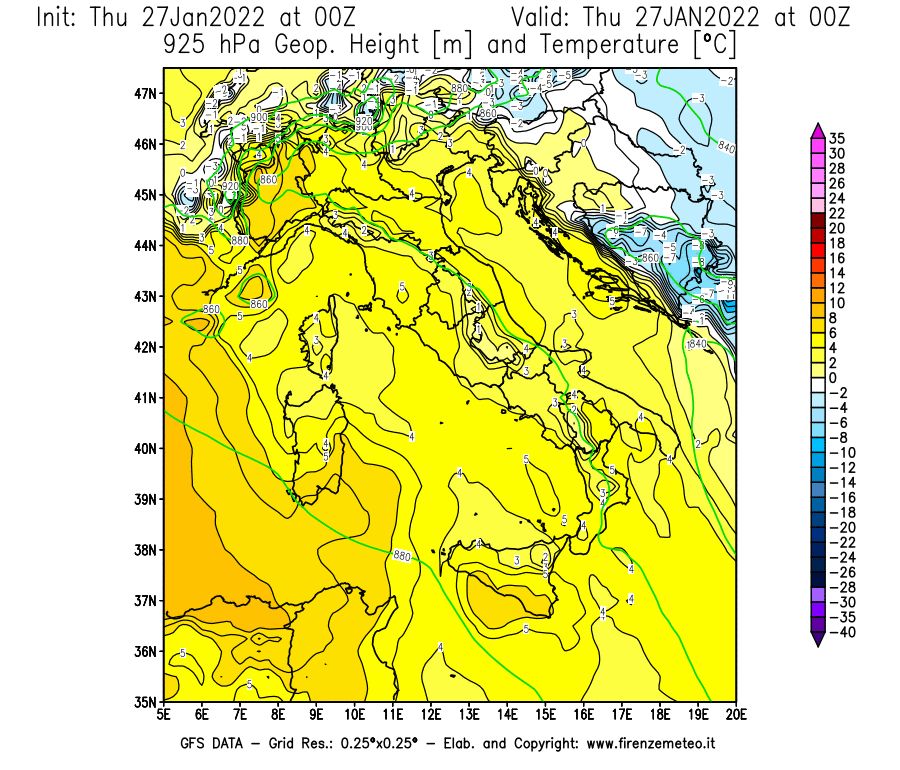 Mappa di analisi GFS - Geopotenziale [m] e Temperatura [°C] a 925 hPa in Italia
							del 27/01/2022 00 <!--googleoff: index-->UTC<!--googleon: index-->