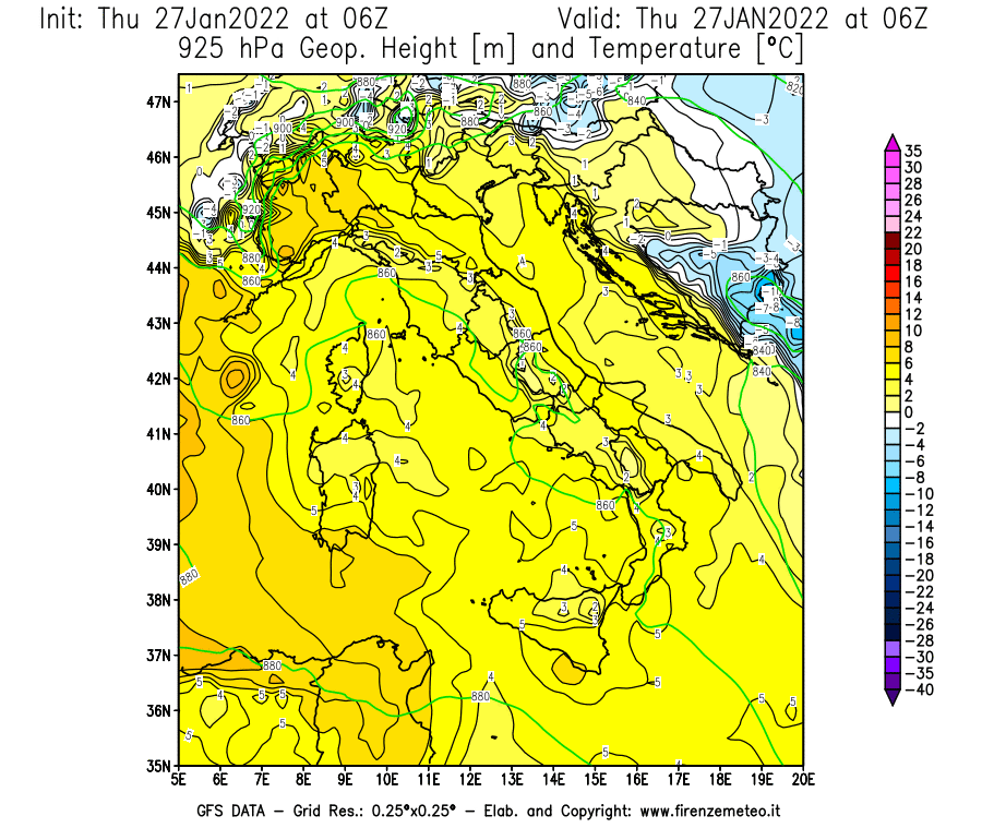 Mappa di analisi GFS - Geopotenziale [m] e Temperatura [°C] a 925 hPa in Italia
							del 27/01/2022 06 <!--googleoff: index-->UTC<!--googleon: index-->