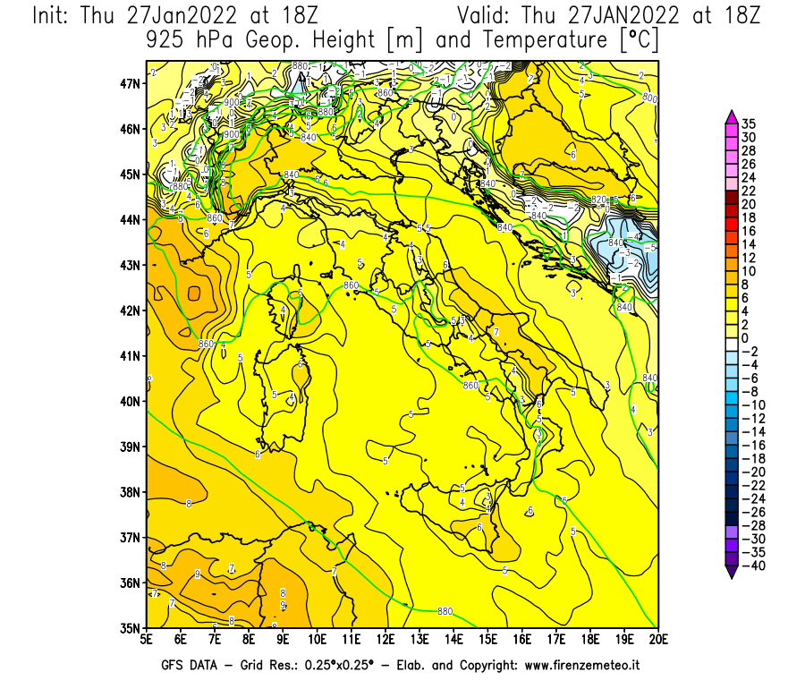 Mappa di analisi GFS - Geopotenziale [m] e Temperatura [°C] a 925 hPa in Italia
							del 27/01/2022 18 <!--googleoff: index-->UTC<!--googleon: index-->