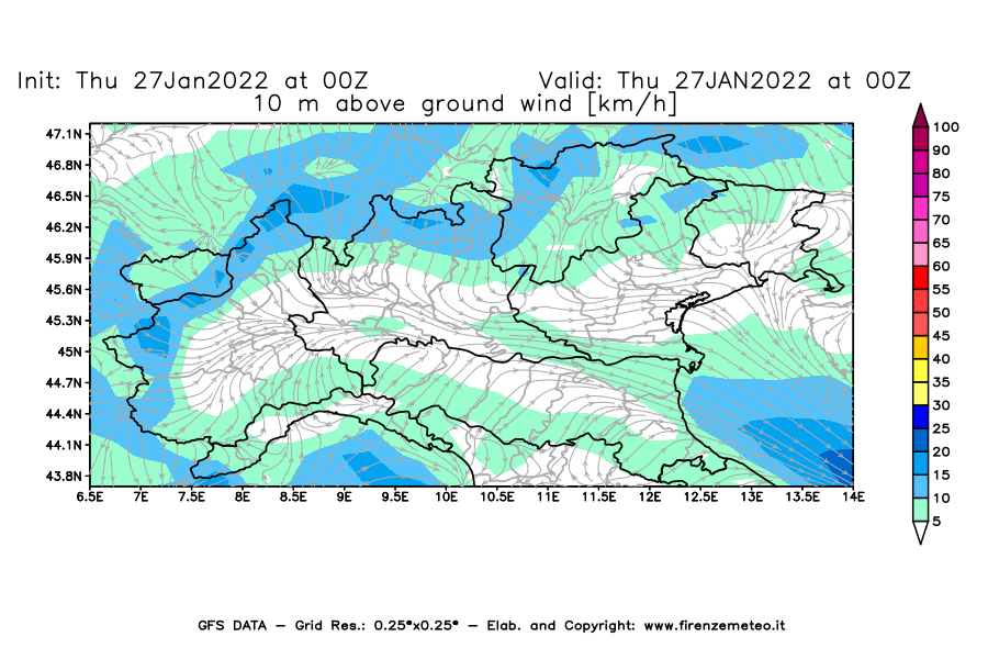 Mappa di analisi GFS - Velocità del vento a 10 metri dal suolo [km/h] in Nord-Italia
							del 27/01/2022 00 <!--googleoff: index-->UTC<!--googleon: index-->