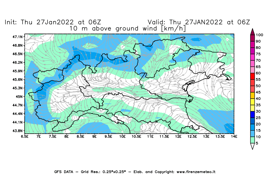 Mappa di analisi GFS - Velocità del vento a 10 metri dal suolo [km/h] in Nord-Italia
							del 27/01/2022 06 <!--googleoff: index-->UTC<!--googleon: index-->