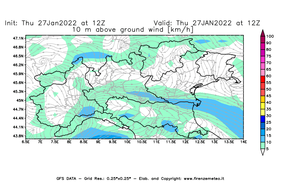 Mappa di analisi GFS - Velocità del vento a 10 metri dal suolo [km/h] in Nord-Italia
							del 27/01/2022 12 <!--googleoff: index-->UTC<!--googleon: index-->
