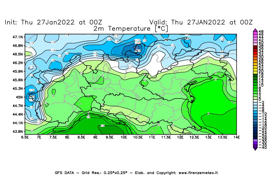 Mappa di analisi GFS - Temperatura a 2 metri dal suolo [°C] in Nord-Italia
							del 27/01/2022 00 <!--googleoff: index-->UTC<!--googleon: index-->