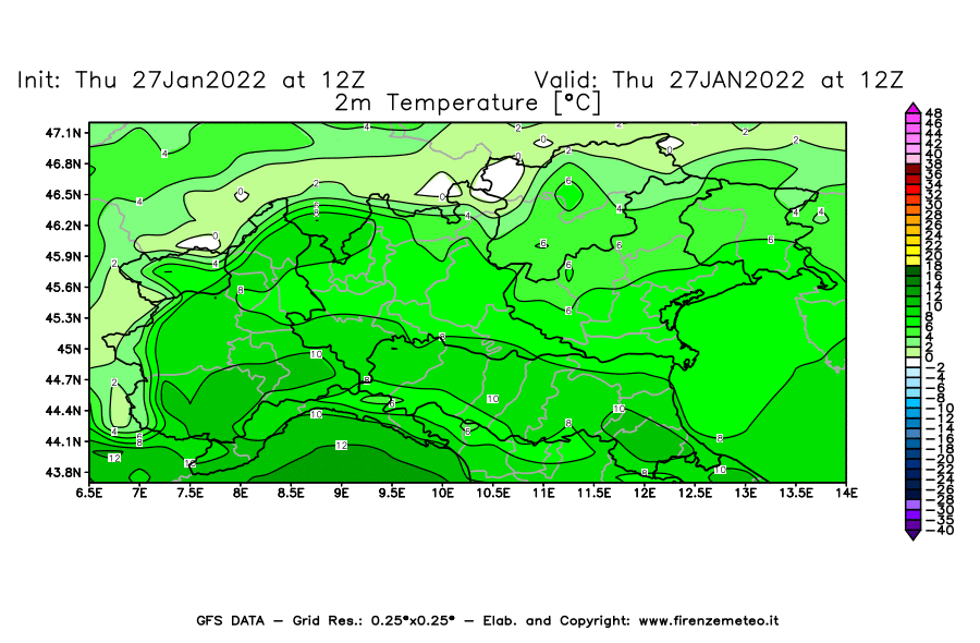 Mappa di analisi GFS - Temperatura a 2 metri dal suolo [°C] in Nord-Italia
							del 27/01/2022 12 <!--googleoff: index-->UTC<!--googleon: index-->