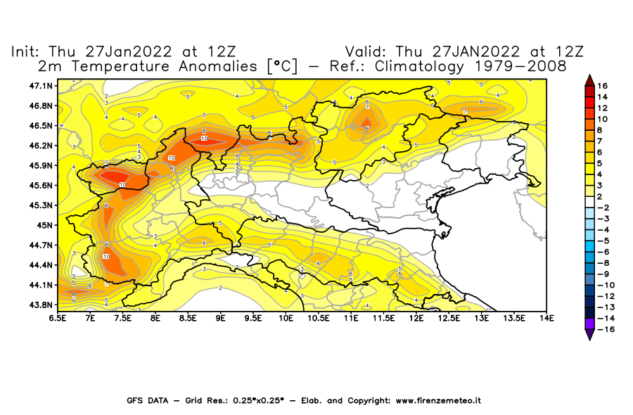 Mappa di analisi GFS - Anomalia Temperatura [°C] a 2 m in Nord-Italia
							del 27/01/2022 12 <!--googleoff: index-->UTC<!--googleon: index-->