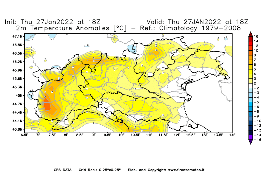 Mappa di analisi GFS - Anomalia Temperatura [°C] a 2 m in Nord-Italia
							del 27/01/2022 18 <!--googleoff: index-->UTC<!--googleon: index-->