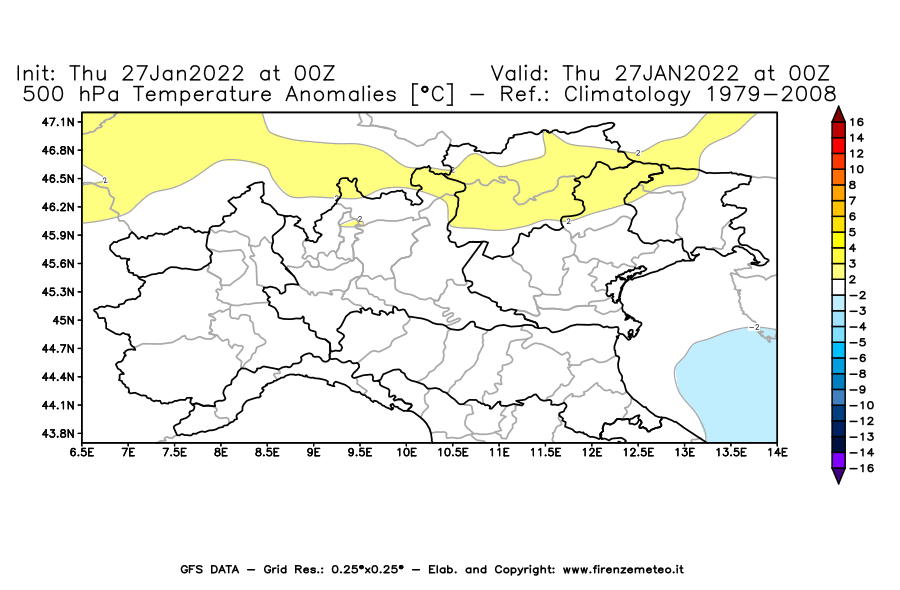 Mappa di analisi GFS - Anomalia Temperatura [°C] a 500 hPa in Nord-Italia
							del 27/01/2022 00 <!--googleoff: index-->UTC<!--googleon: index-->