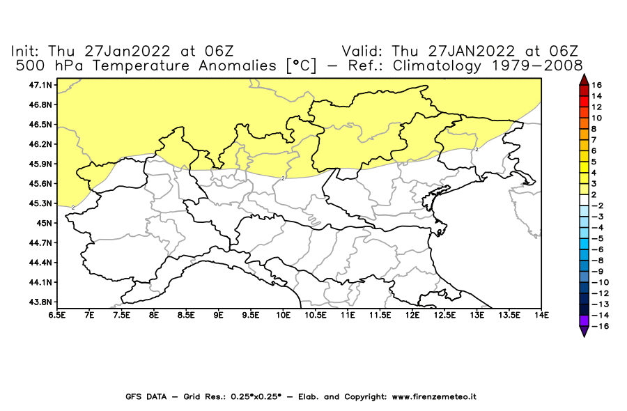 Mappa di analisi GFS - Anomalia Temperatura [°C] a 500 hPa in Nord-Italia
							del 27/01/2022 06 <!--googleoff: index-->UTC<!--googleon: index-->