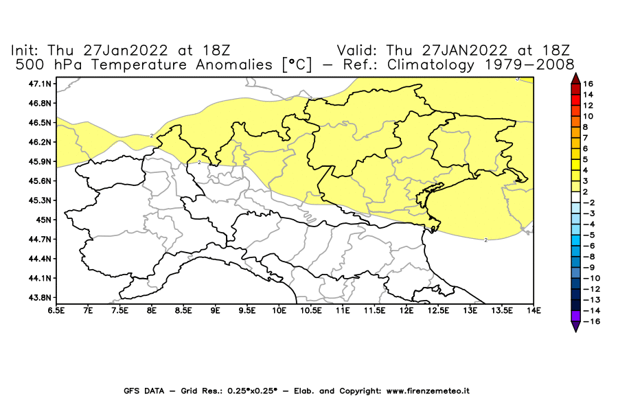 Mappa di analisi GFS - Anomalia Temperatura [°C] a 500 hPa in Nord-Italia
							del 27/01/2022 18 <!--googleoff: index-->UTC<!--googleon: index-->
