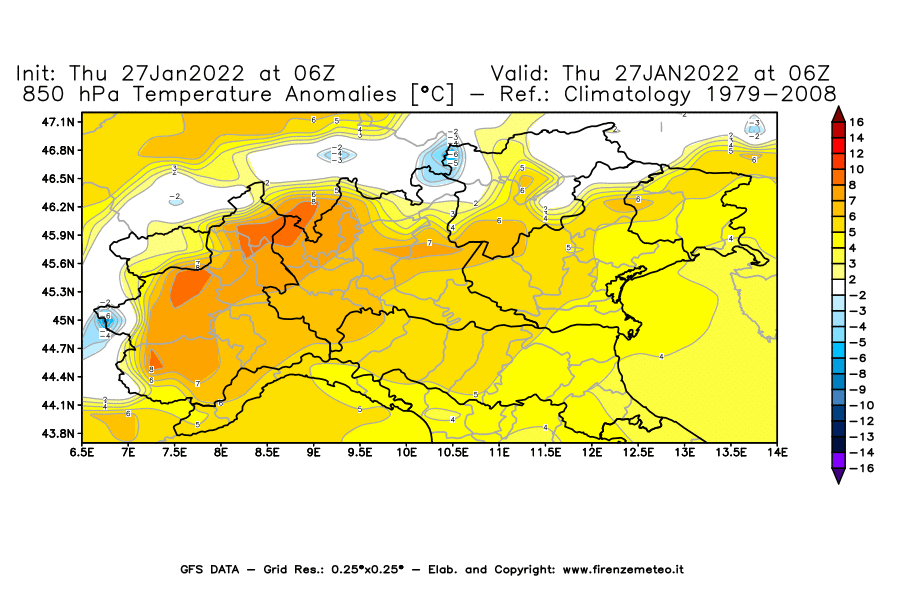 Mappa di analisi GFS - Anomalia Temperatura [°C] a 850 hPa in Nord-Italia
							del 27/01/2022 06 <!--googleoff: index-->UTC<!--googleon: index-->