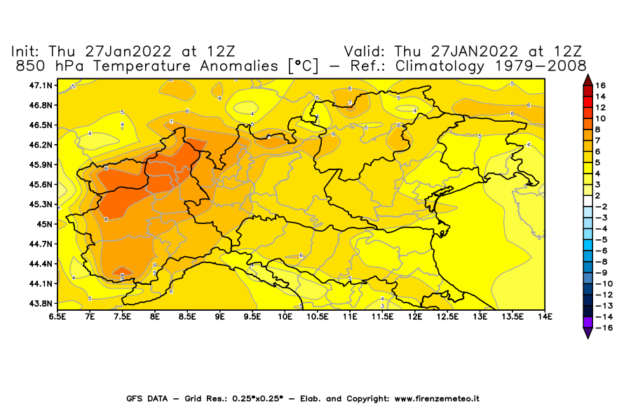 Mappa di analisi GFS - Anomalia Temperatura [°C] a 850 hPa in Nord-Italia
							del 27/01/2022 12 <!--googleoff: index-->UTC<!--googleon: index-->