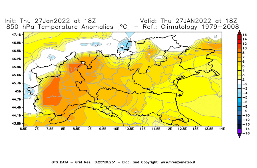 Mappa di analisi GFS - Anomalia Temperatura [°C] a 850 hPa in Nord-Italia
							del 27/01/2022 18 <!--googleoff: index-->UTC<!--googleon: index-->