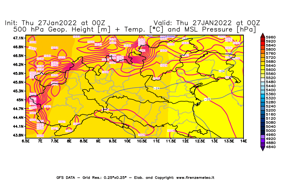 Mappa di analisi GFS - Geopotenziale [m] + Temp. [°C] a 500 hPa + Press. a livello del mare [hPa] in Nord-Italia
							del 27/01/2022 00 <!--googleoff: index-->UTC<!--googleon: index-->