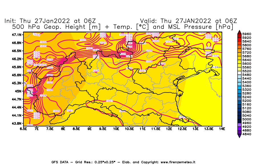 Mappa di analisi GFS - Geopotenziale [m] + Temp. [°C] a 500 hPa + Press. a livello del mare [hPa] in Nord-Italia
							del 27/01/2022 06 <!--googleoff: index-->UTC<!--googleon: index-->