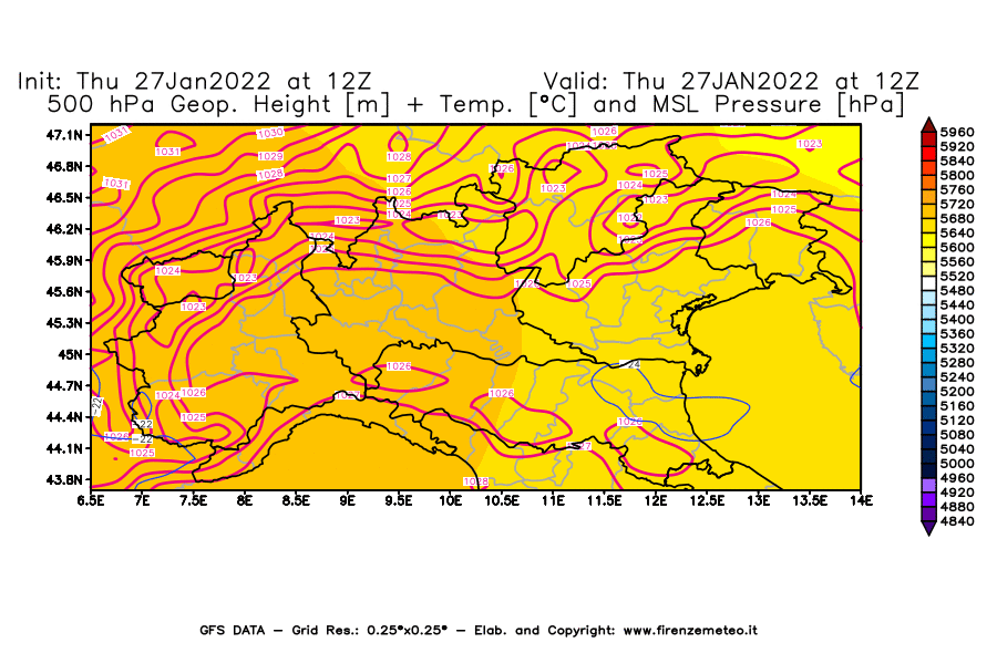 Mappa di analisi GFS - Geopotenziale [m] + Temp. [°C] a 500 hPa + Press. a livello del mare [hPa] in Nord-Italia
							del 27/01/2022 12 <!--googleoff: index-->UTC<!--googleon: index-->